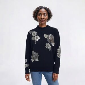 NWT Women’s Nicole Miller Long Sleeve Black Silver Sequin Floral Sweater Size L